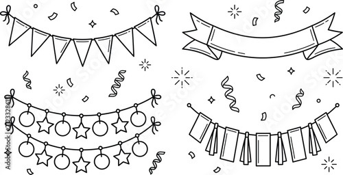 Party Bunting and Garland Vector Set with Birthday Pennant Flags, Tassel Banner, Star Garlands, Ribbon Banner, and Confetti Outlines for Celebration Designs
