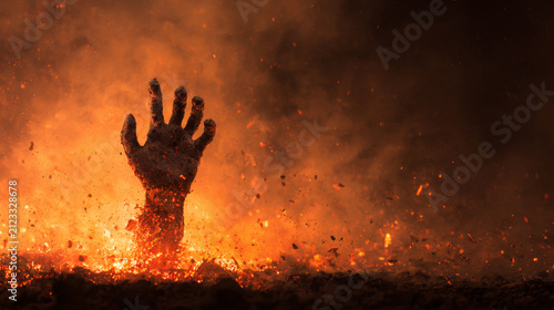 Burning Undead Hand Rising Through Dark Smoke