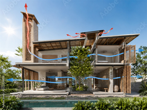 Contemporary sustainable home under construction with exposed timber framing broad roof overhangs solar ready design and landscaped garden beneath a clear blue sky in a modern residential setting