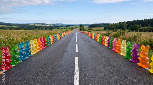 Whimsical Landscape with Giant Gummy Bunnies Along a Scenic Road
