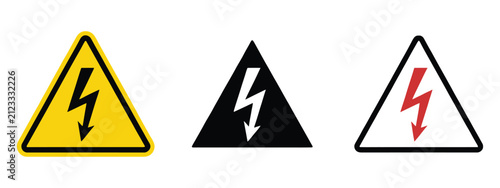 Bild auf Leinwand Triangle warning signs featuring lightning bolt arrows, danger symbols, and high voltage safety icons