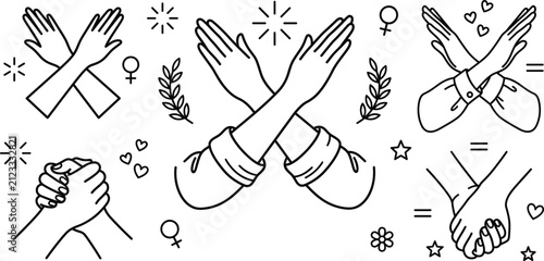 Картината върху платно Women empowerment and equality line icons set featuring crossed arms break the b