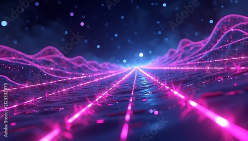 Futuristic Neon Landscape with Glowing Lines and Stars.