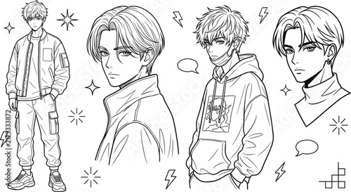 Fotografía Anime Boy and Manga Character Vector Set Featuring Handsome Male Portraits, Stre