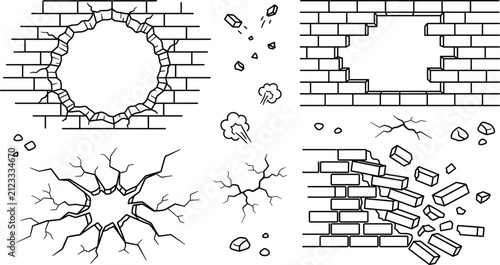 Broken brick wall outline vector illustration icon set featuring holes cracks surface destruction and crashing bricks from impact