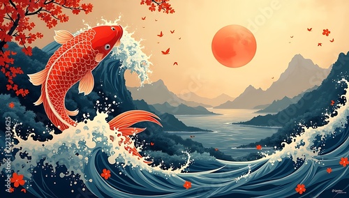 Japanese Koi Fish Swimming in a Serene Landscape.