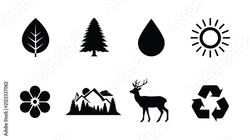 Nature icon set showing environmental symbols and wildlife