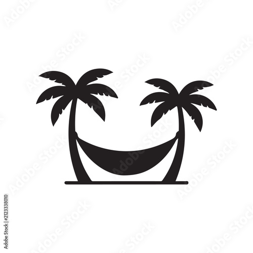 a black icon of a hammock for relaxation, between palm trees on a white background