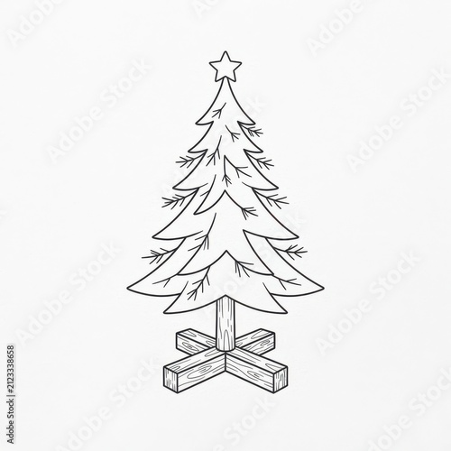 Simple line drawing of a Christmas tree with a stand