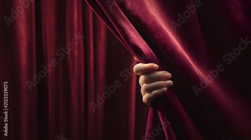 Hand pulling red velvet stage curtain during theatrical performance.