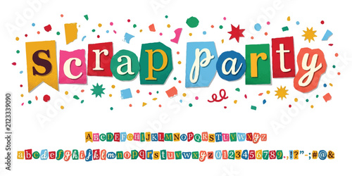 Colorful scrap party ransom note style alphabet letters numbers and symbols set for creative design