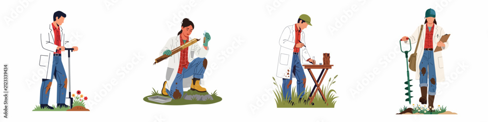 Fototapeta premium Illustrations of soil scientists and agronomists performing field research, collecting soil samples with augers, and analyzing ground quality for agricultural studies.