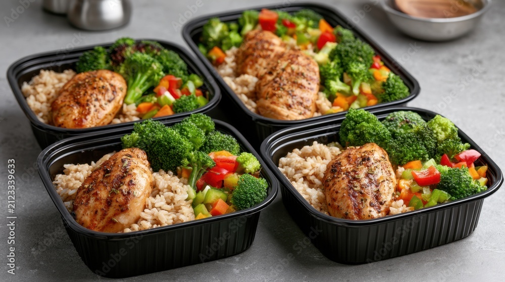 Fototapeta premium Healthy meal prep containers with grilled chicken breast, steamed broccoli, brown rice, and diced colorful bell pepper for balanced nutritious diet plan