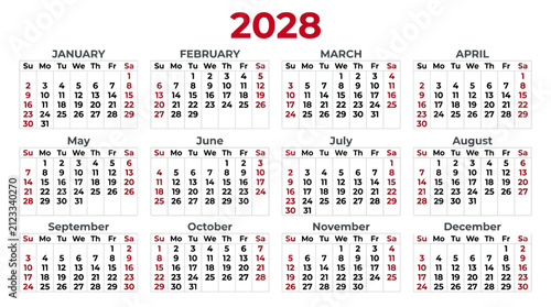 Calendar for the year 2028 displays all twelve months in a clear grid format on a white background.