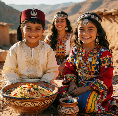 Happy Amazigh Children Sharing Traditional Couscous During Yennayer Celebration