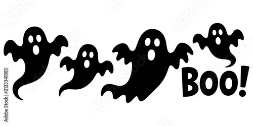 Photography Cute black ghosts flying and text saying boo for a fun halloween design isolated