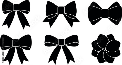 Black Ribbon Bow Silhouette Vector Set Featuring Various Gift Wrap Ribbon Shapes and a Flower Rosette for Christmas Holiday Decorative Graphic Designs