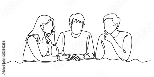 Group of three people sitting and talking together in a continuous single line drawing style Vector, illustration