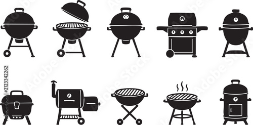 BBQ Grill Silhouette Vector Set Collection - Barbecue Cooker, Smoker and Outdoor Grill Black Icons Isolated on White Background
