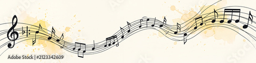 Dynamic illustration of a flowing musical staff adorned with various notes and clefs, subtly enhanced by artistic watercolor splatters, symbolizing the beautiful harmony and creative essence of music