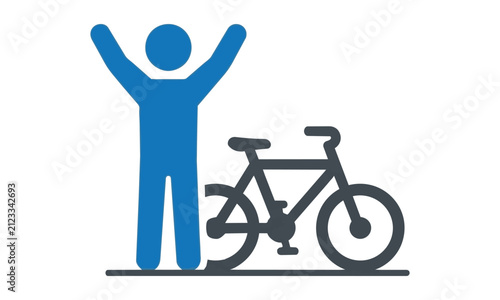 A minimalist icon of a joyful person with raised arms next to a bicycle, flat design with solid colors, isolated on a white background. Active lifestyle concept