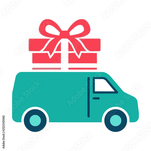 Minimalist delivery van icon carrying a large gift box with a bow on a white background, festive e-commerce logistics concept