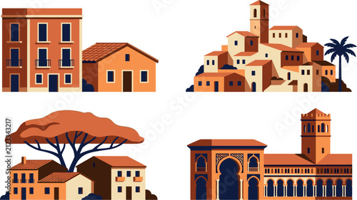 Mediterranean European Architecture Vector Illustration Set Featuring Old Town Village Buildings Coastal Houses and Historic Palace in Terracotta Colors