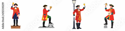 Obraz na płótnie Set of four traditional town crier characters in red uniforms holding bells and scrolls, isolated on a white background