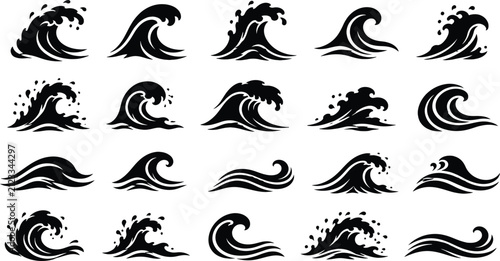 Foto Ocean water wave vector set featuring sea swells surf ripples and curling tide s