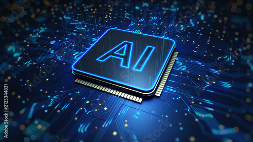 Futuristic AI Processor Chip Connected To A High Speed Digital Circuit Board Representing Artificial Intelligence Computing And Advanced Technology, 3d rendering