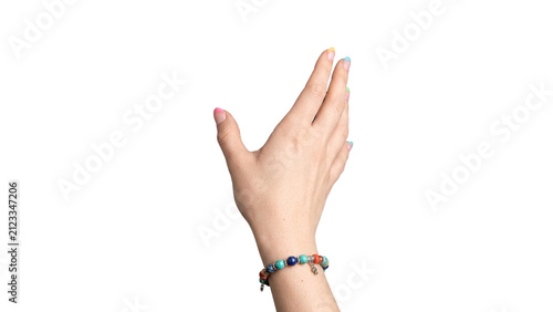 Back of a woman’s hand with fingers spread, colorful pastel manicure and beaded bracelet, isolated on a transparent background
