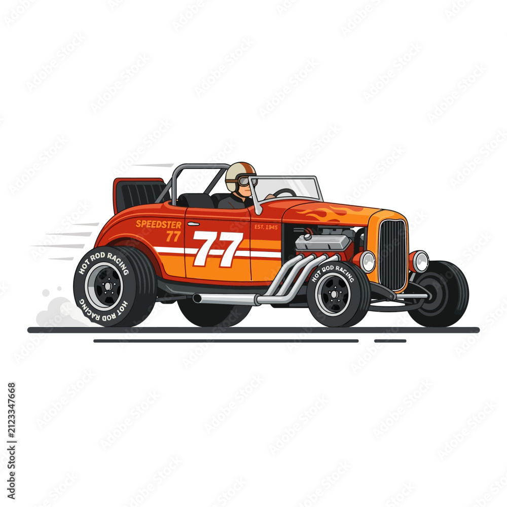 Obraz premium Vintage Hot Rod Car Speeding on Race Track, Retro Vector Illustration