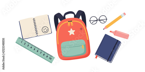 Colorful school backpack with study supplies like notebooks pencil and ruler for kids education