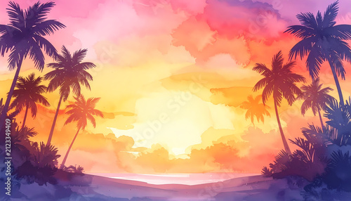 Vibrant watercolor illustration of a tropical beach sunset with silhouettes of palm trees against a colorful pink and orange sky.