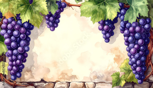 Watercolor illustration of ripe purple grapes and green leaves hanging over a stone wall, creating a decorative border frame with central copy space for wine or harvest-themed designs.