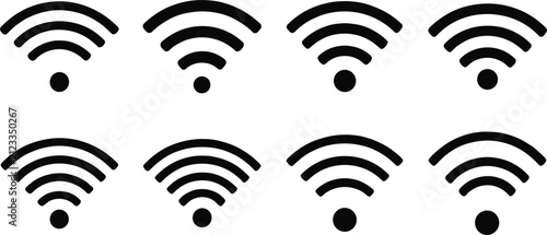 Set of eight black wi-fi signal strength with varying bars, wireless internet connection symbols on white background