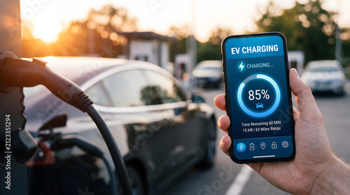 Hand Holding Smart Phone With EV Charging App Connected To Electric Car Charging Station Sunset