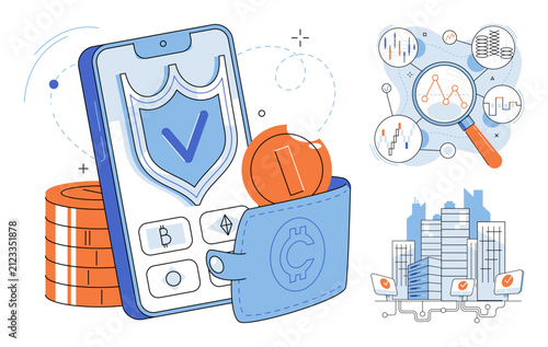 Smartphone with digital wallet and shield icon vector illustration. Cybersecurity, blockchain technology, investment protection, financial analysis, market research, digital assets. Mobile crypto