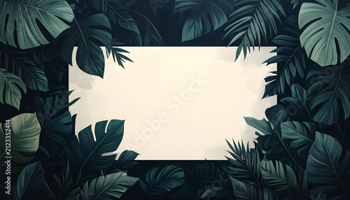 Blank white rectangular frame surrounded by lush dark green tropical monstera and palm leaves for botanical mockup and copy space.