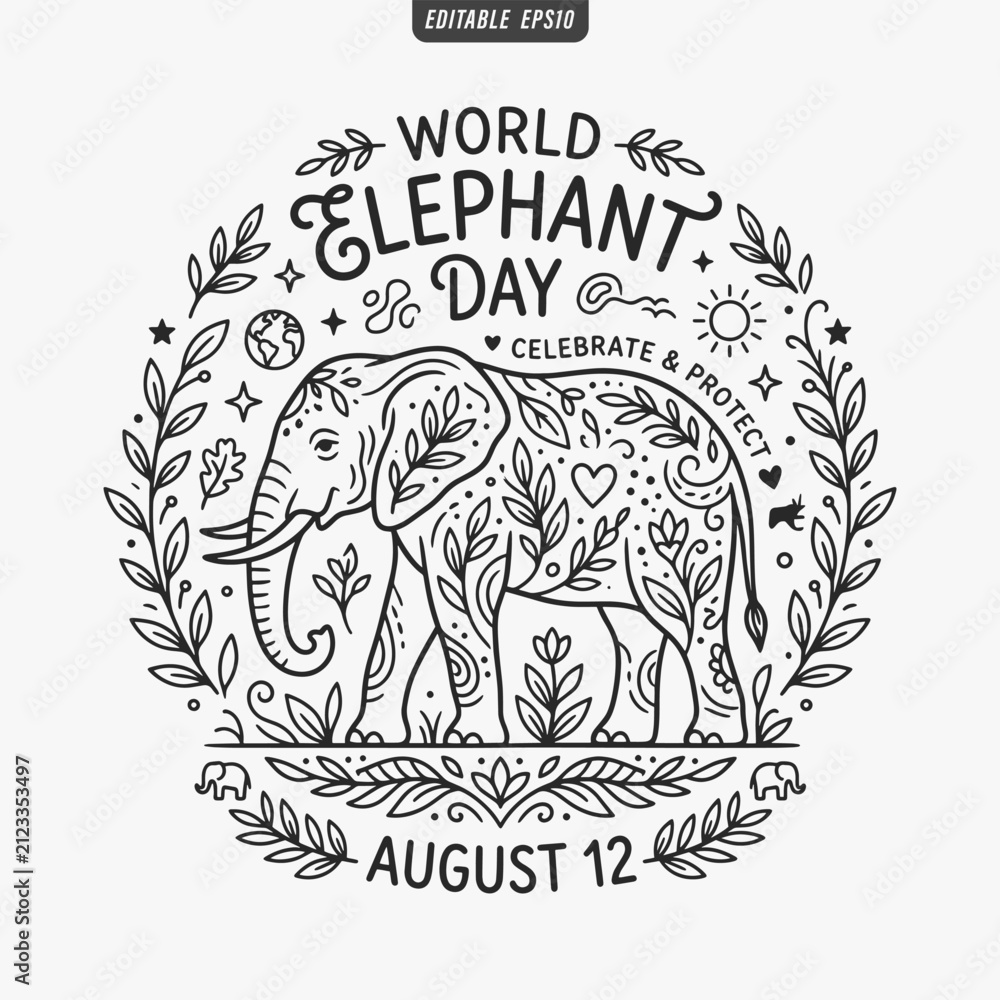 Obraz premium The flat design for a World Elephant Day poster focuses on simplicity, elegance, and ease of recognition. Vector Illustration