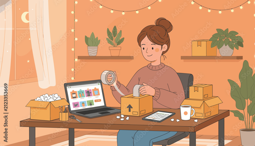Fototapeta premium Small business owner works at a desk packing items into cardboard boxes for shipping orders while using a laptop in a cozy home office environment.