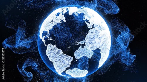 Glowing blue particle globe of Earth floating in dark space representing global network data connectivity.