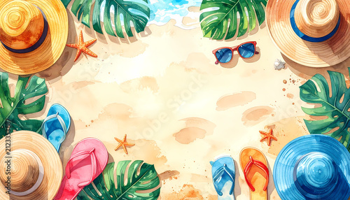 Watercolor illustration of summer travel accessories like straw hats, flip flops, and tropical leaves arranged around central sandy copy space for a beach vacation theme.
