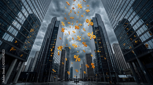 Giant golden percent symbols raining down on modern glass skyscraper city skyline