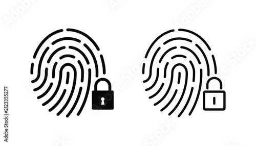 Fingerprint Identification Line and Silhouette Black Icon Set. Finger Print Scanner with Lock Symbol Collection. Biometric Identity Sign. Touch ID Pictogram. Isolated Vector Illustration