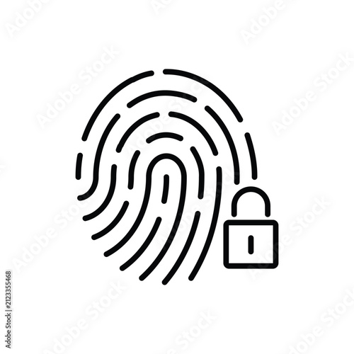 Fingerprint Identification Sign. Touch ID Line Icon. Finger Print Scanner with Lock Outline Icon. Biometric Identity. Editable Stroke. Isolated Vector Illustration.