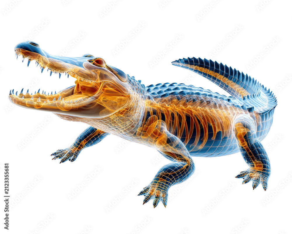 Fototapeta premium Crocodile Anatomy X-Ray: A detailed X-ray visualization showcases the internal skeletal structure of a crocodile, revealing its powerful jaw, sharp teeth.