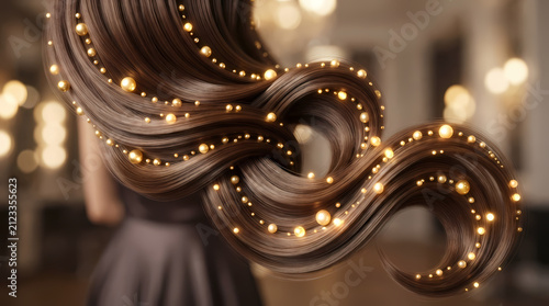 Smooth brown hair strands swirl elegantly, adorned with glowing golden spheres that highlight their texture and shine