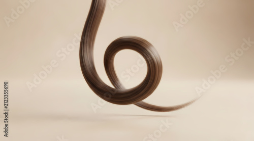 A single, smooth brown hair strand curls elegantly against a soft beige background. 3d render illustration