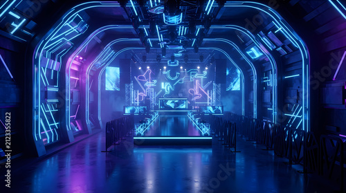 3d render, blue neon abstract background, ultraviolet light, night club empty room interior, tunnel or corridor, glowing panels, fashion podium, performance stage decorations